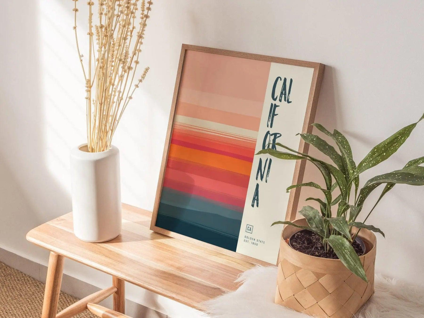 California Minimalist Design Framed Wall Art, Golden State Minimal Abstract Modern Poster, CA Designer Decor Travel Print Typography Gift - Swell Scenes