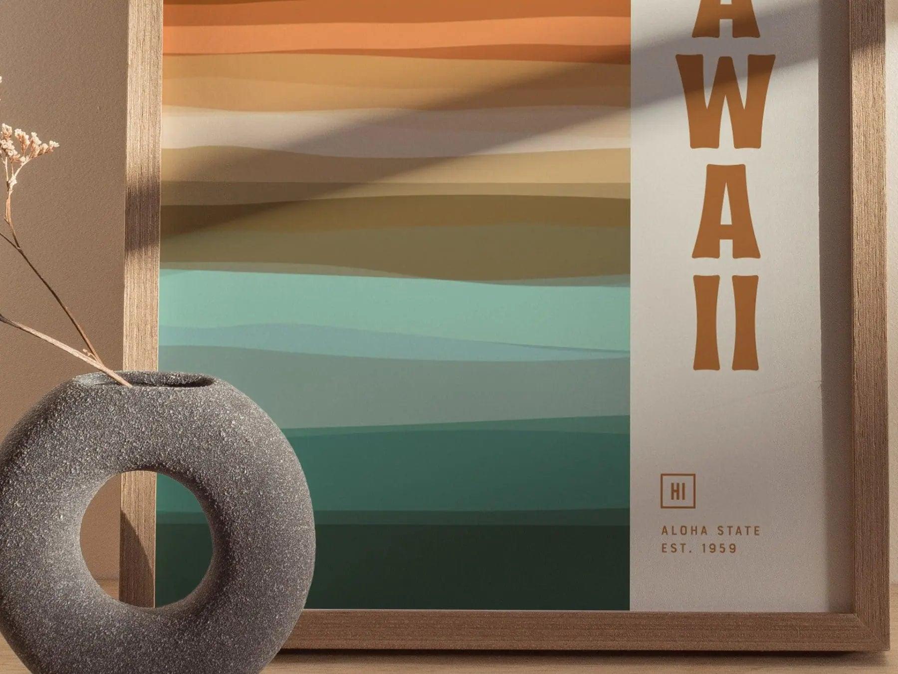 Hawaii Minimalist Design Framed Wall Art, Aloha State Minimal Abstract Modern Poster, Hawaiian Designer Decor HI Travel Print Typography - Swell Scenes