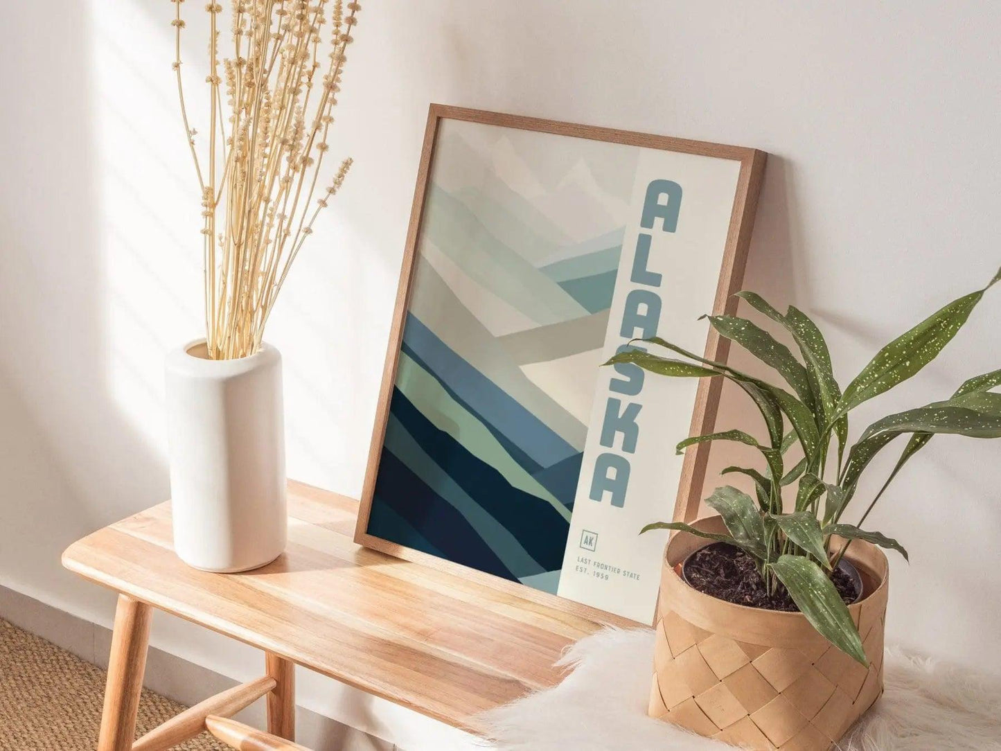 Alaska Minimalist Design Framed Wall Art, Frontier State Minimal Abstract Modern Poster, Alaskan Designer Decor AK Travel Print Typography - Swell Scenes