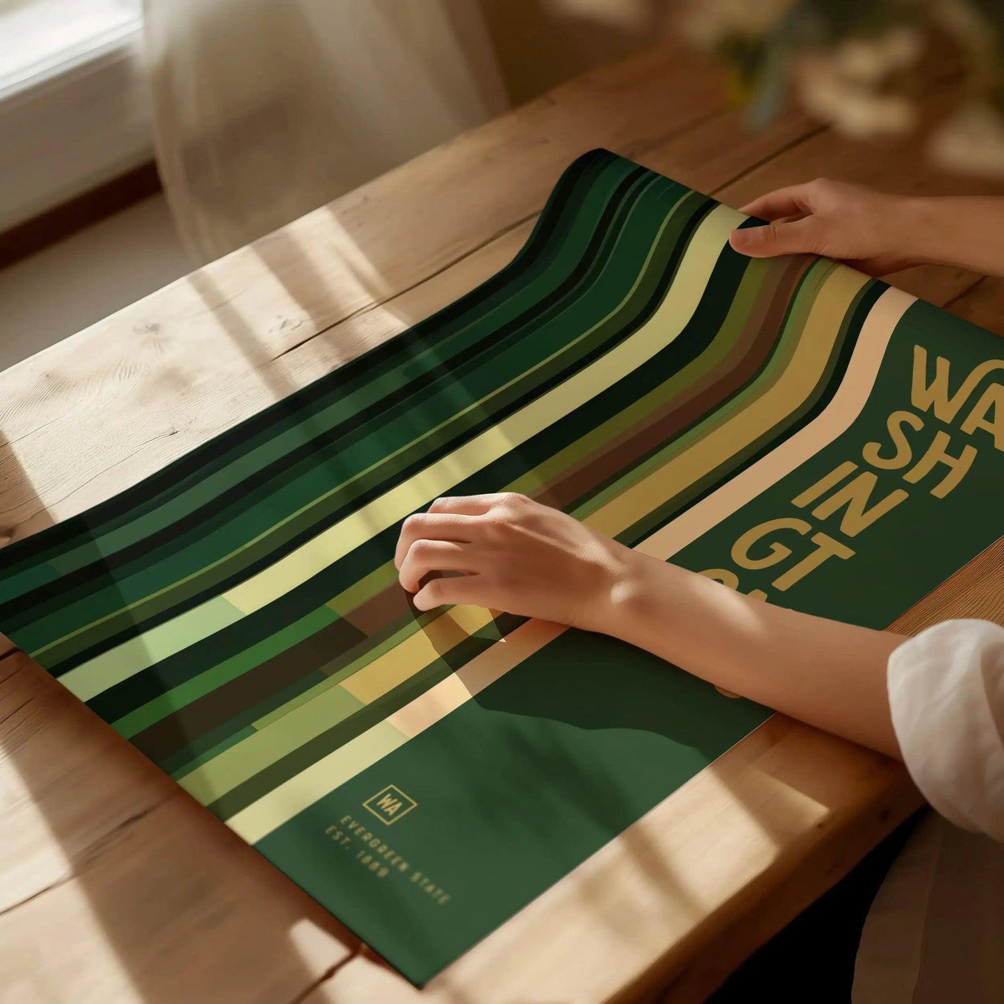 Washington Evergreen State poster featuring minimalist vertical green stripes representing Pacific Northwest forest wall art