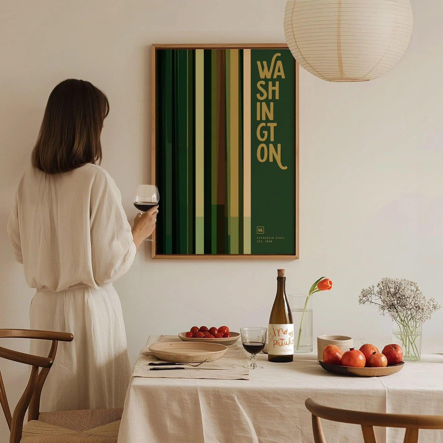Washington Evergreen State poster featuring minimalist vertical green stripes representing Pacific Northwest forest wall art