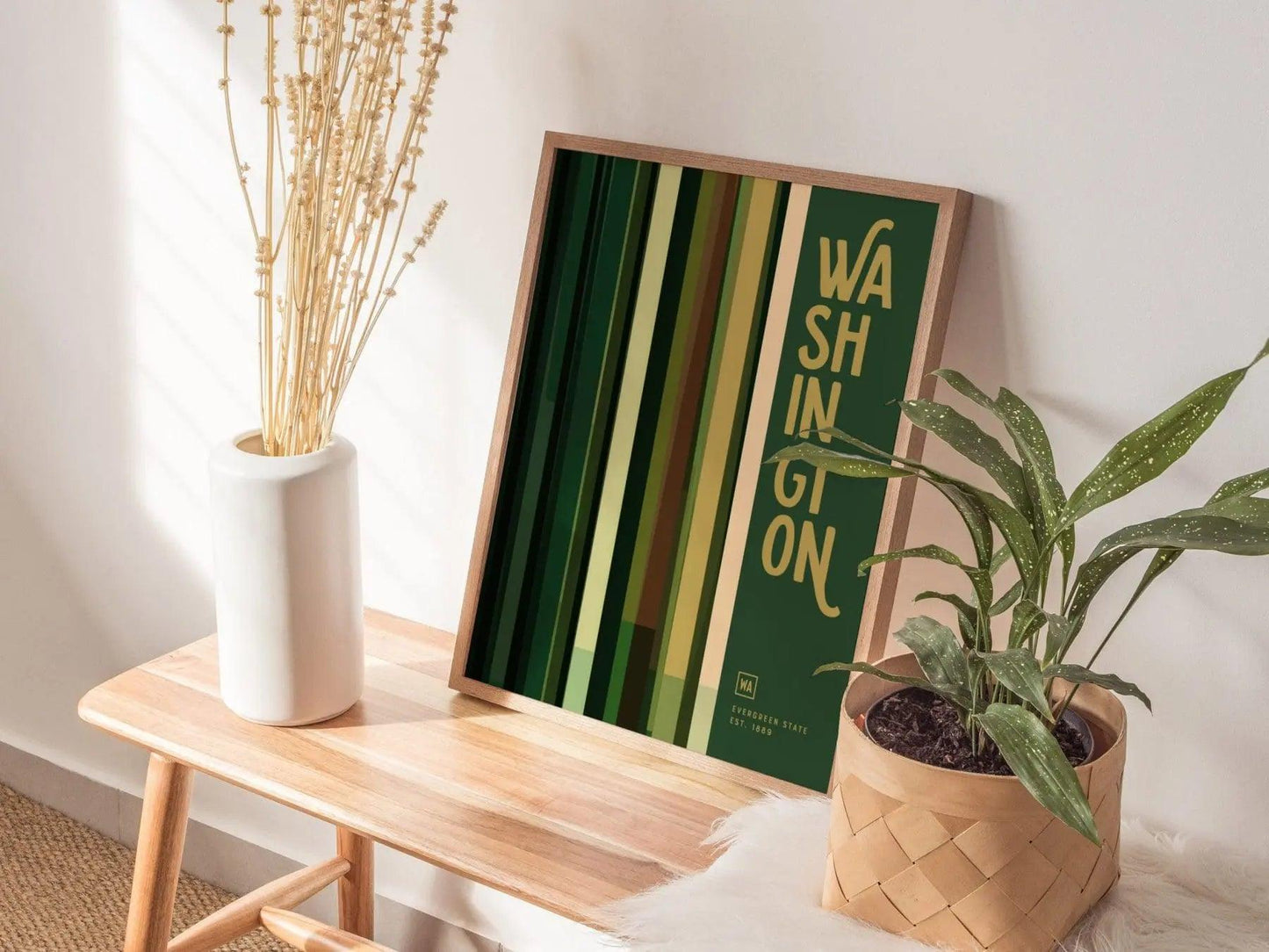 Washington Evergreen State poster featuring minimalist vertical green stripes representing Pacific Northwest forest wall art