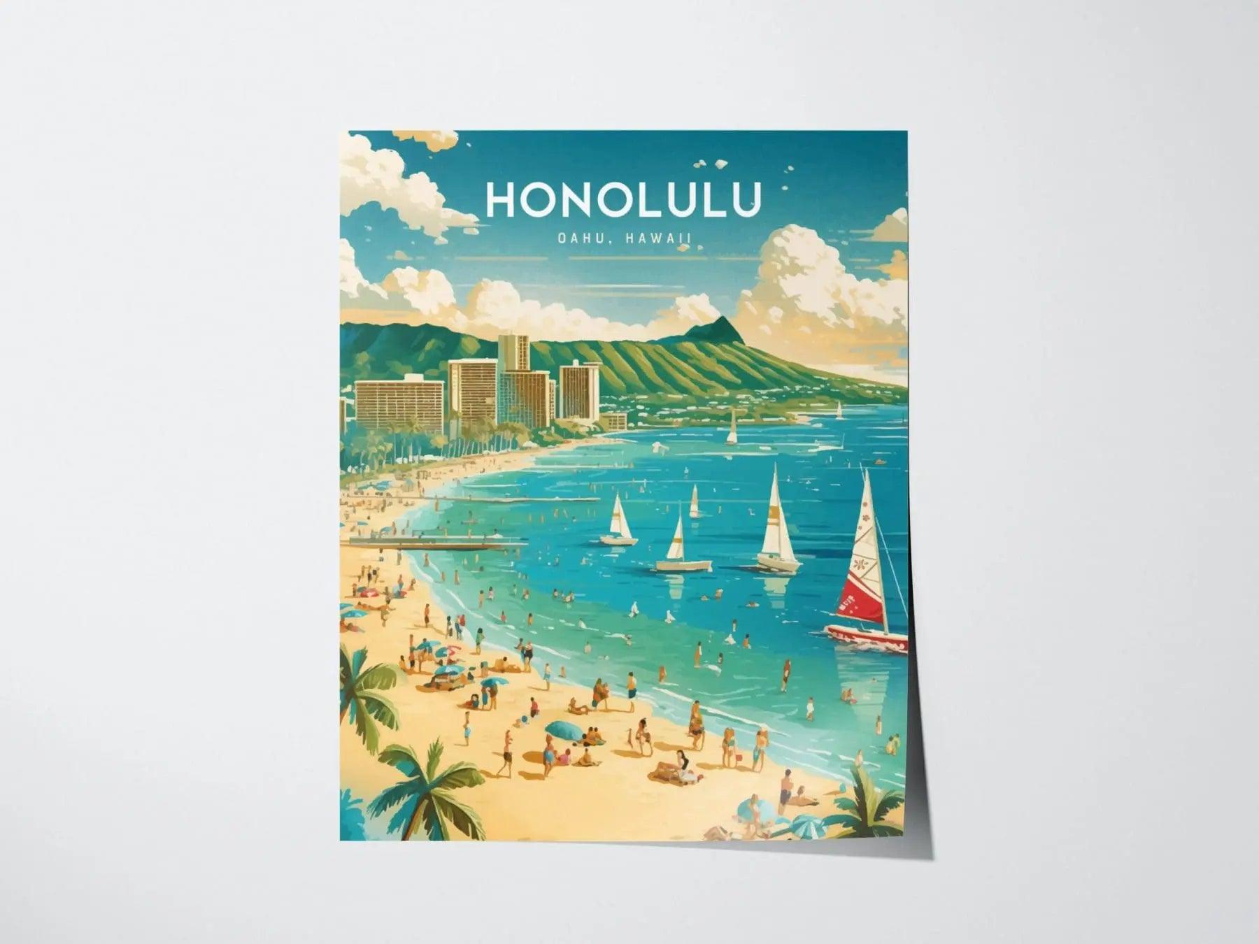 Honolulu, Oahu Poster - Waikiki & Diamond Head View, Framed/Unframed Hawaiian Landscape, Perfect Gift for Travelers and Home Decor - Swell Scenes