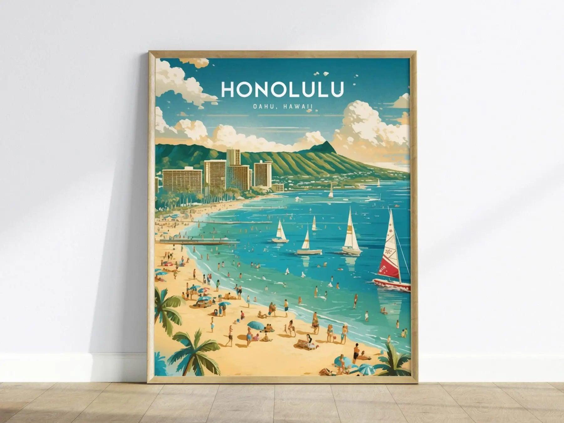 Honolulu, Oahu Poster - Waikiki & Diamond Head View, Framed/Unframed Hawaiian Landscape, Perfect Gift for Travelers and Home Decor - Swell Scenes