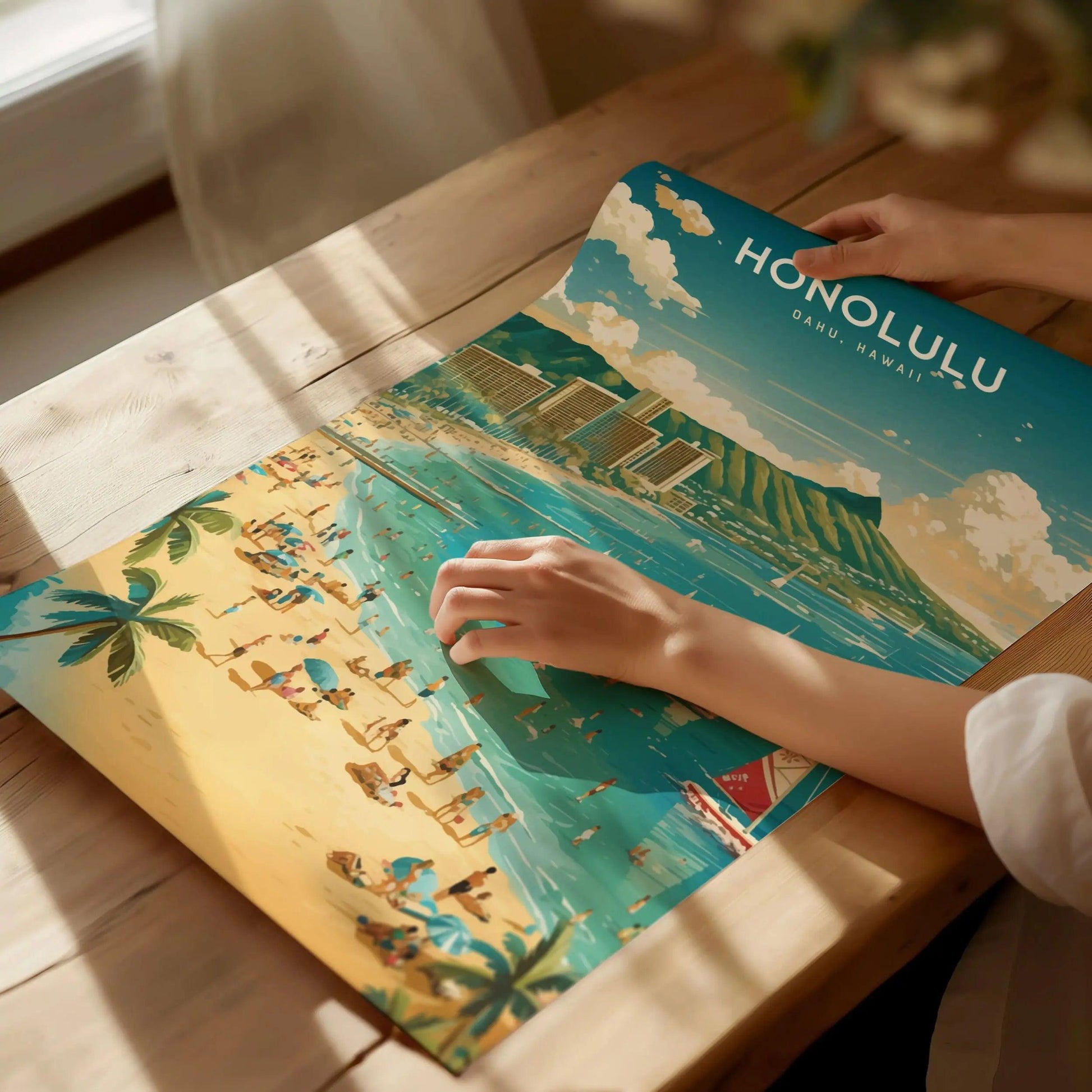 Honolulu, Oahu Poster - Waikiki & Diamond Head View, Framed/Unframed Hawaiian Landscape, Perfect Gift for Travelers and Home Decor - Swell Scenes