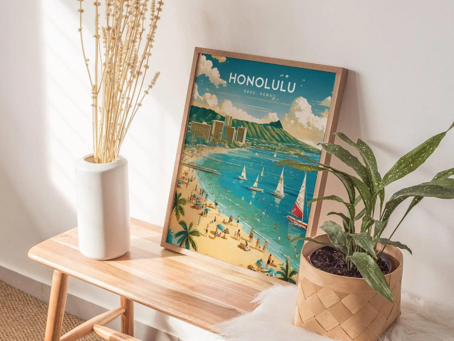 Honolulu, Oahu Poster - Waikiki & Diamond Head View, Framed/Unframed Hawaiian Landscape, Perfect Gift for Travelers and Home Decor - Swell Scenes