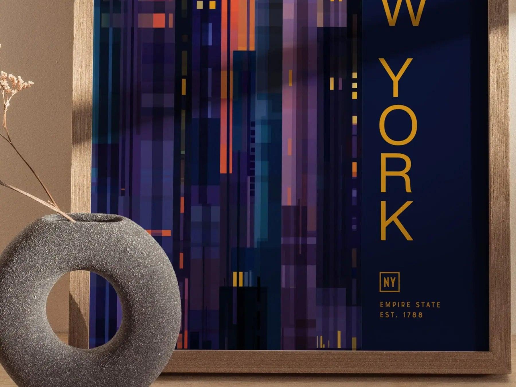 New York State Minimalist Design Framed Wall Art, Empire State Minimal Abstract Modern Poster, NYC NY Decor Travel Print Typography Gift - Swell Scenes
