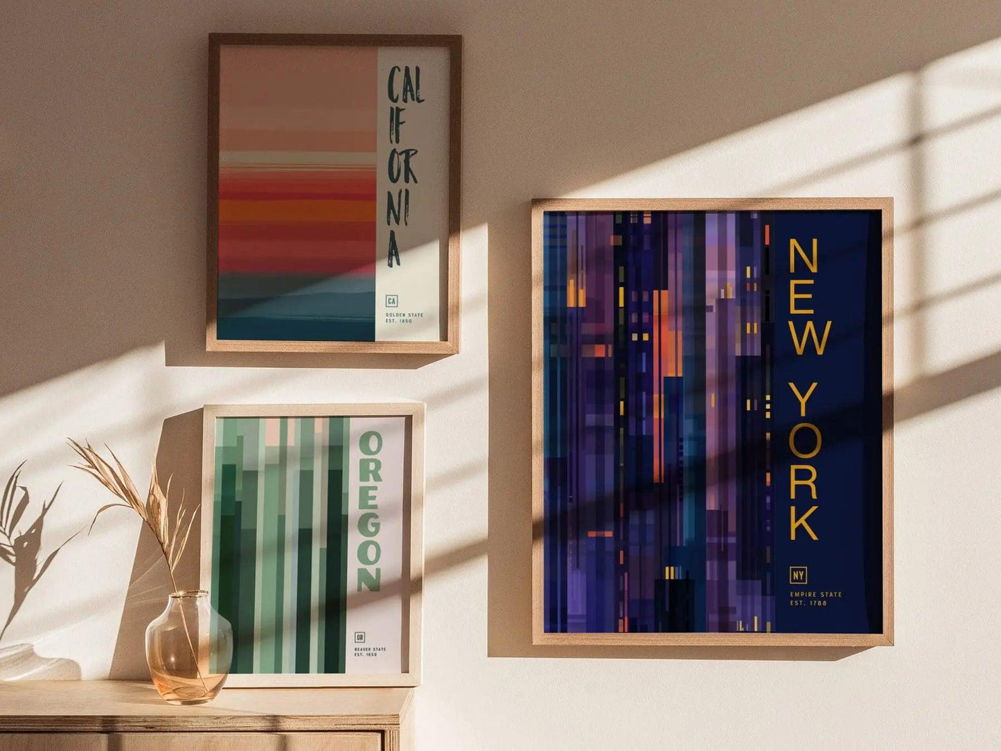 New York State Minimalist Design Framed Wall Art, Empire State Minimal Abstract Modern Poster, NYC NY Decor Travel Print Typography Gift - Swell Scenes