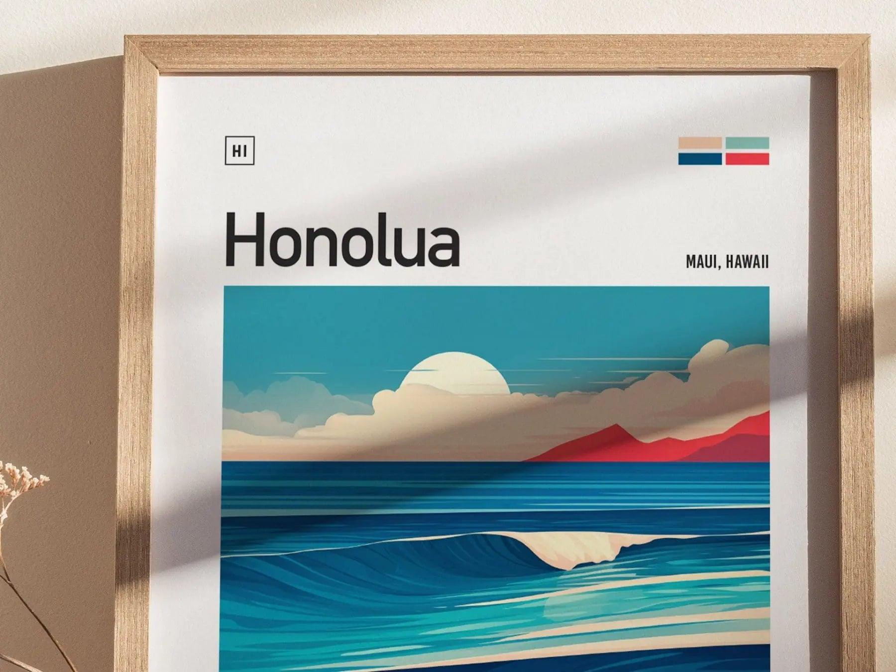 Honolua Framed Surf Poster, Honolua Bay Maui Wall Art, Lahaina Maui Travel Print, Hawaii Surfer Home Decor, Maui Surfing Wave Spot Gift Set - Swell Scenes
