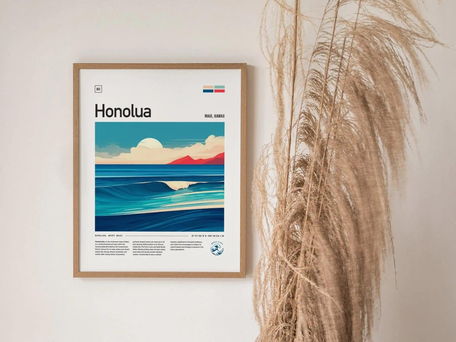Honolua Framed Surf Poster, Honolua Bay Maui Wall Art, Lahaina Maui Travel Print, Hawaii Surfer Home Decor, Maui Surfing Wave Spot Gift Set - Swell Scenes