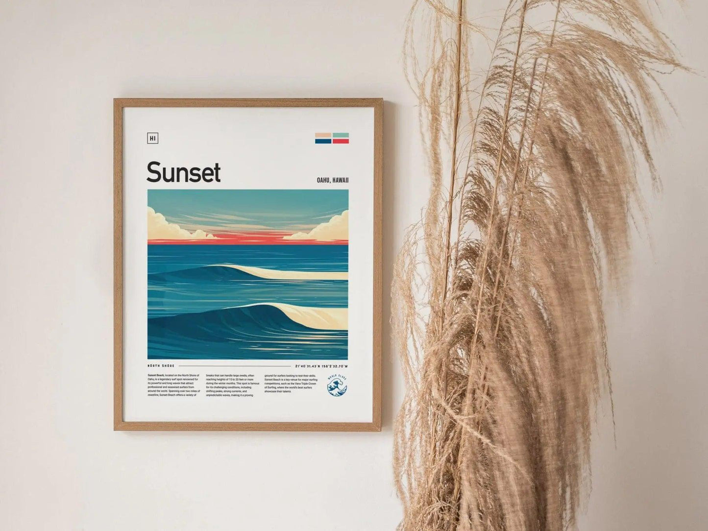 Sunset Beach Surf Spot Framed Poster, North Shore Wall Art, Hawaii Surf Travel Print, Surfer Home Decor Design, Oahu Surfing Wave Gift Set - Swell Scenes