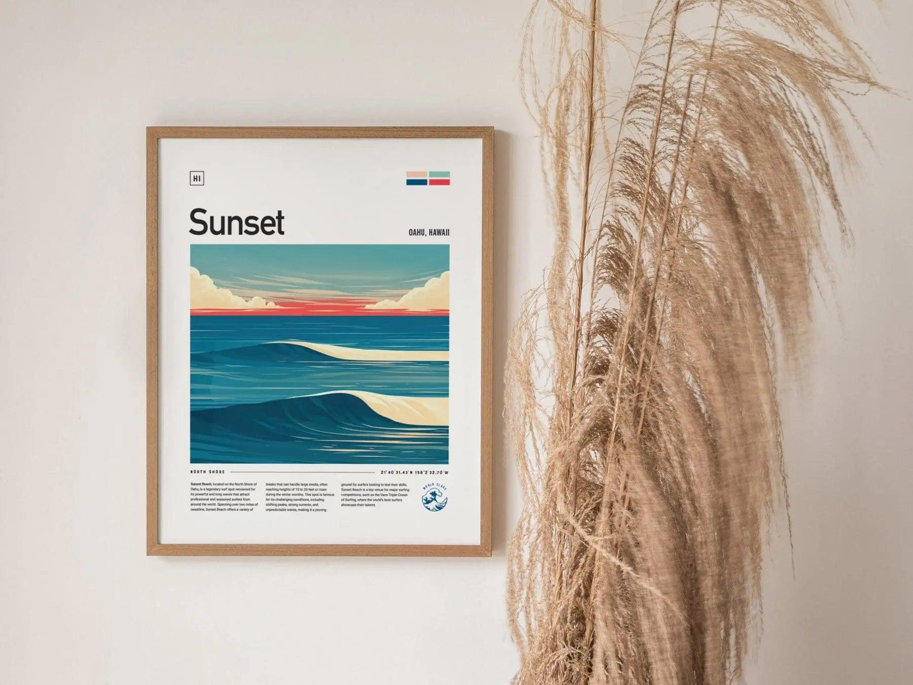 Sunset Beach Surf Spot Framed Poster, North Shore Wall Art, Hawaii Surf Travel Print, Surfer Home Decor Design, Oahu Surfing Wave Gift Set - Swell Scenes