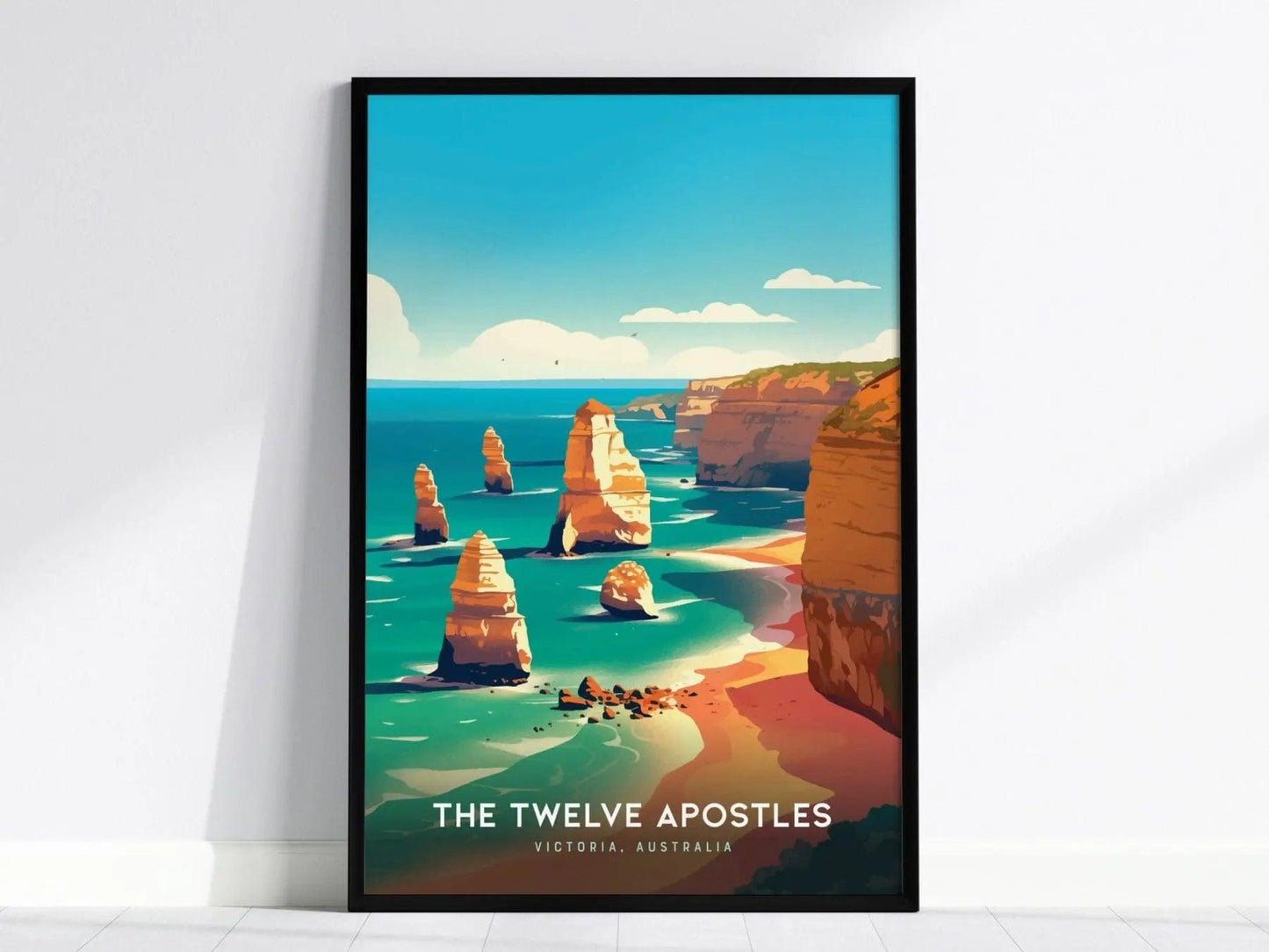 Twelve Apostles poster in black wood frame showing Australia Southern Ocean limestone formations Victoria coastal art