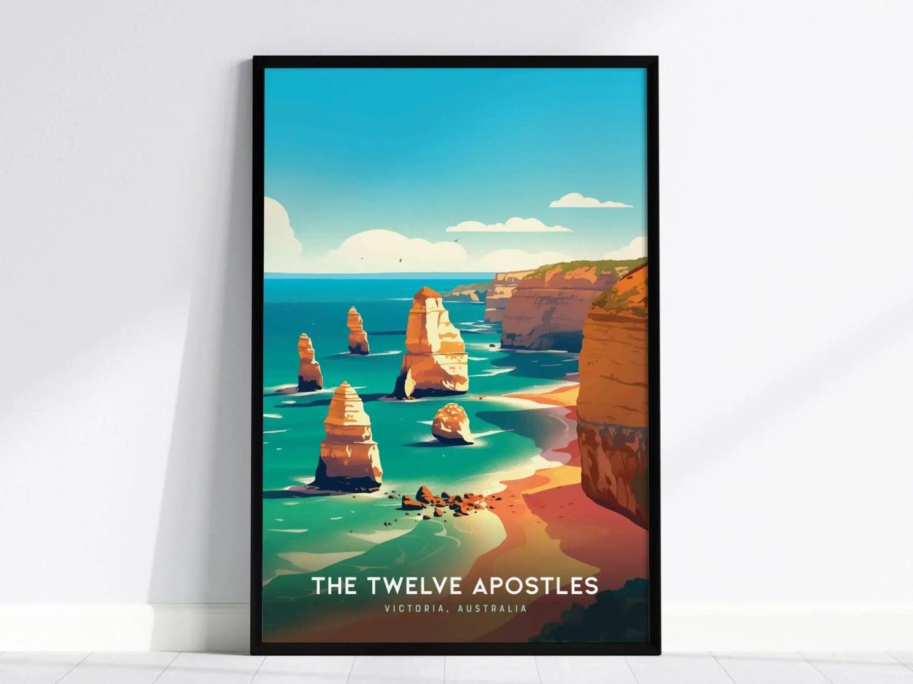 Twelve Apostles poster in black wood frame showing Australia Southern Ocean limestone formations Victoria coastal art