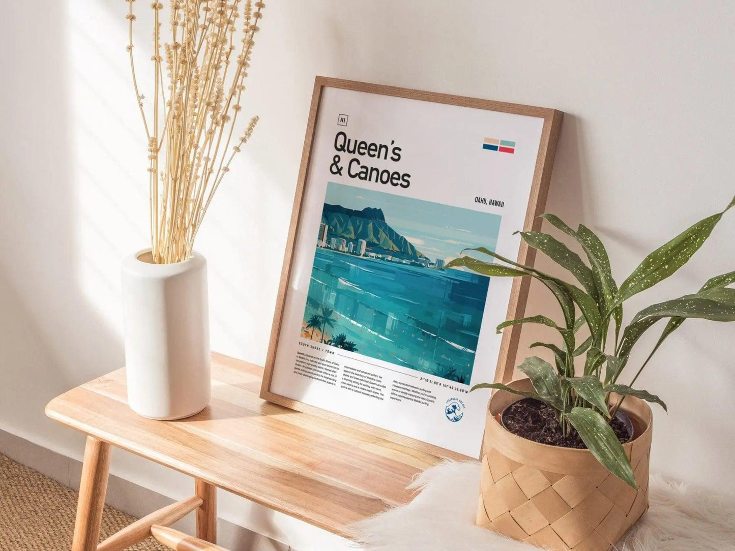 Queens & Canoes Waikiki Surf Spot Framed Poster, Honolulu Surfing Wall Art, Oahu Hawaii Vacation Travel Print, Longboarder Surfer Decor Gift - Swell Scenes
