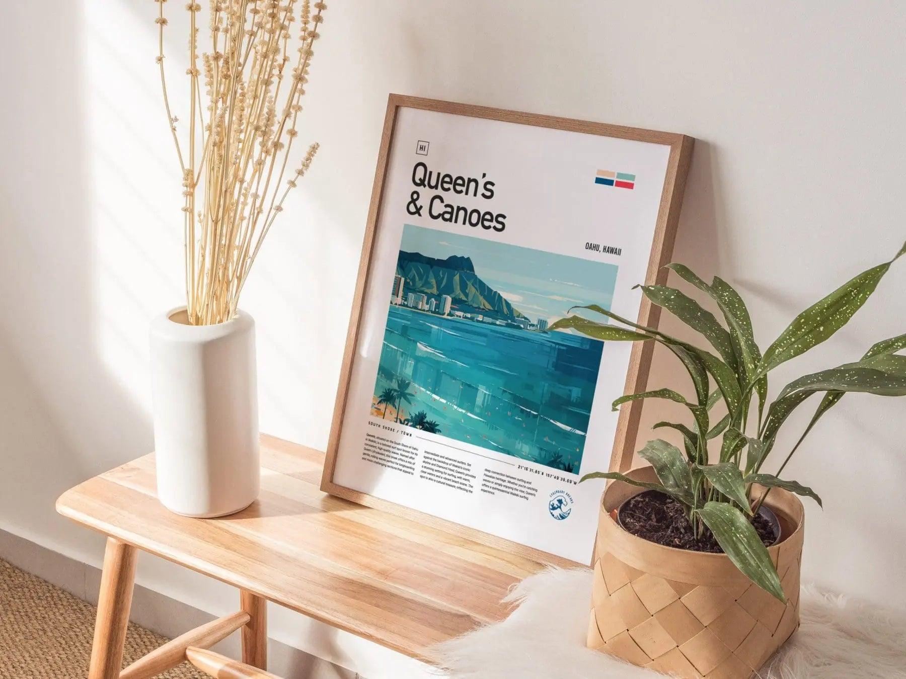 Queens & Canoes Waikiki Surf Spot Framed Poster, Honolulu Surfing Wall Art, Oahu Hawaii Vacation Travel Print, Longboarder Surfer Decor Gift - Swell Scenes