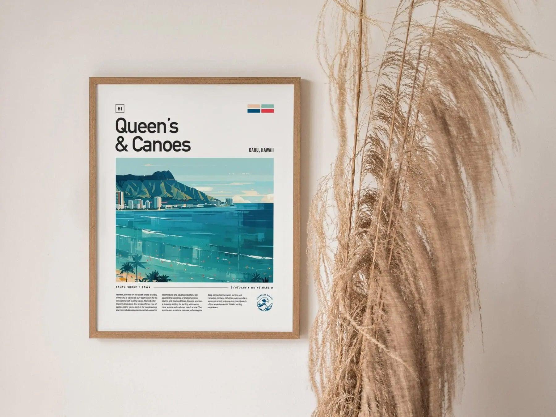 Queens & Canoes Waikiki Surf Spot Framed Poster, Honolulu Surfing Wall Art, Oahu Hawaii Vacation Travel Print, Longboarder Surfer Decor Gift - Swell Scenes