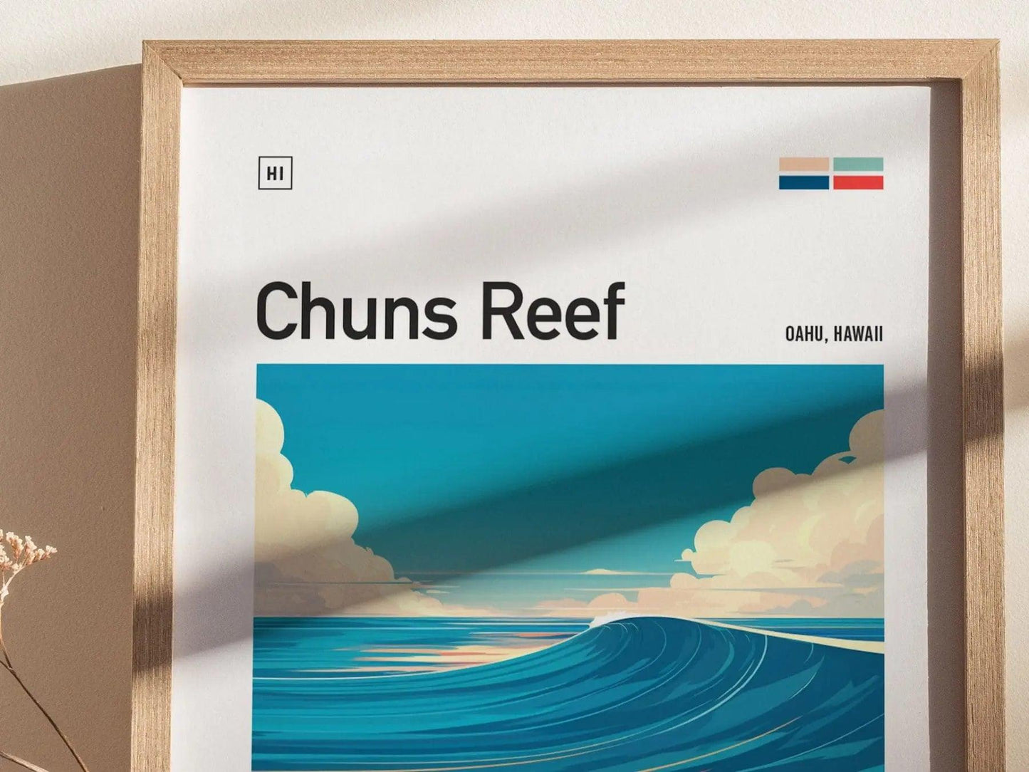 Chuns Reef Surf Spot Framed Poster, North Shore Wall Art, Hawaii Surf Travel Print, Surfer Home Decor Design, Oahu Surfing Wave Gift Set - Swell Scenes