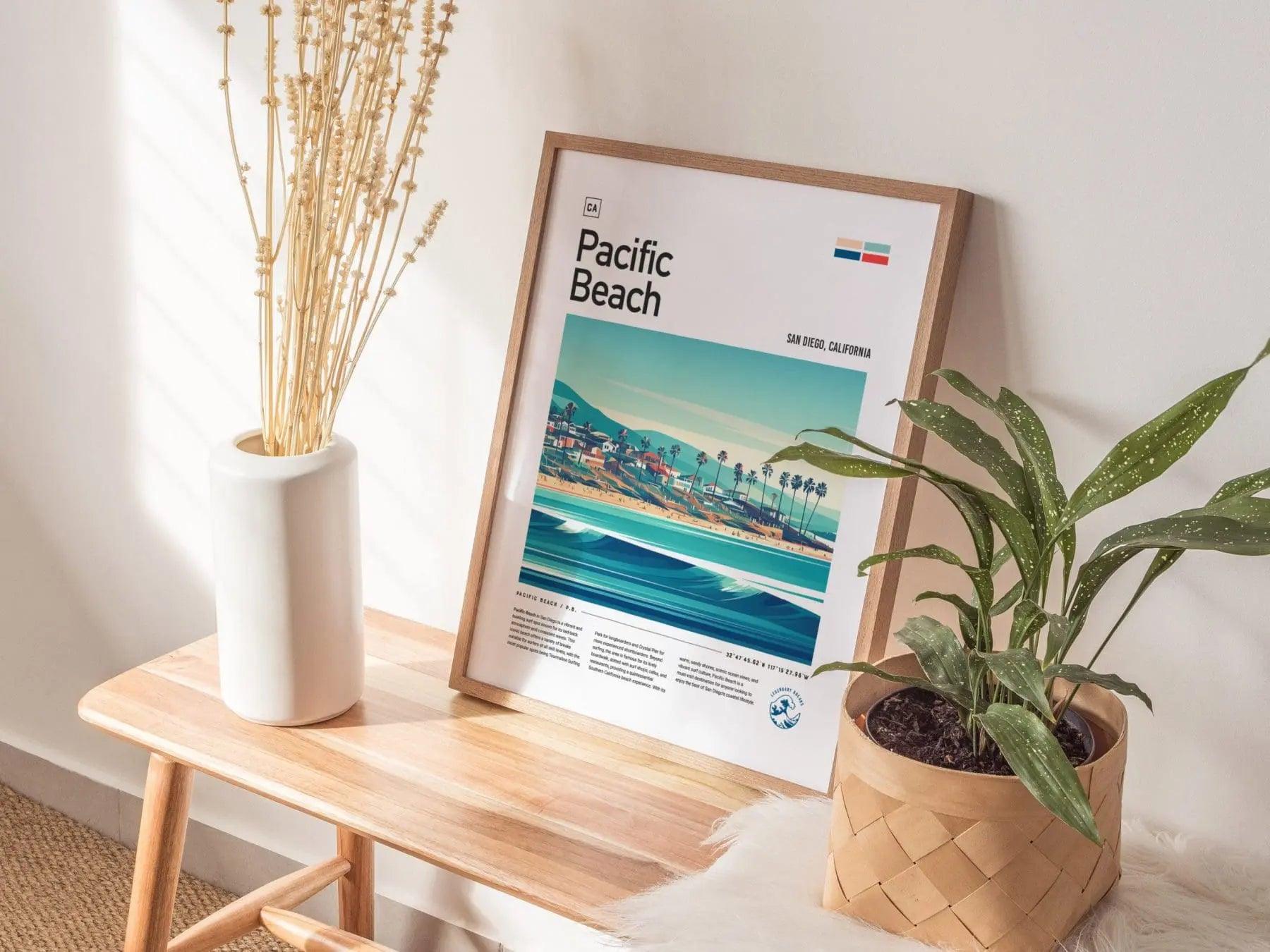 Pacific Beach CA Surf Spot Framed Poster, San Diego Wall Art, California Surf Travel Print, Surfer Home Decor Socal Surfing Design Wave Gift - Swell Scenes