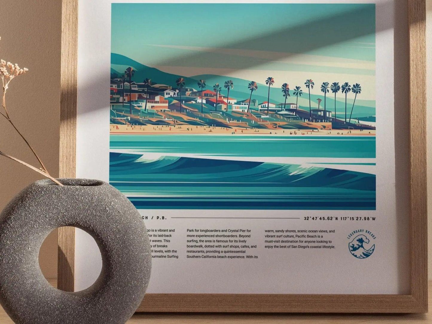 Pacific Beach CA Surf Spot Framed Poster, San Diego Wall Art, California Surf Travel Print, Surfer Home Decor Socal Surfing Design Wave Gift - Swell Scenes