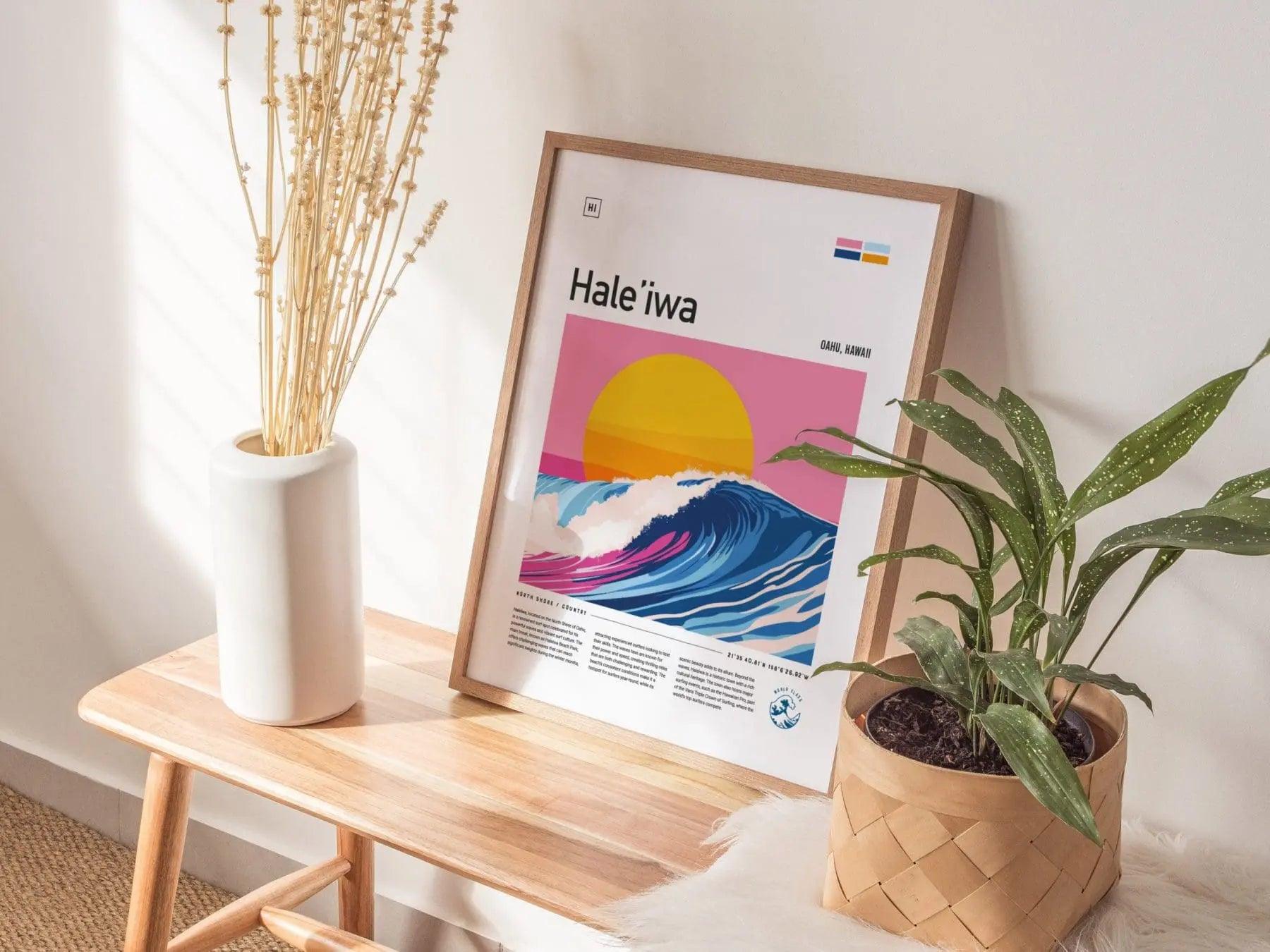 Haleiwa Beach Framed Surf Poster, Triple Crown Wall Art, North Shore Travel Print, Hawaii Surfer Home Decor, Oahu Surfing Wave Spot Gift - Swell Scenes