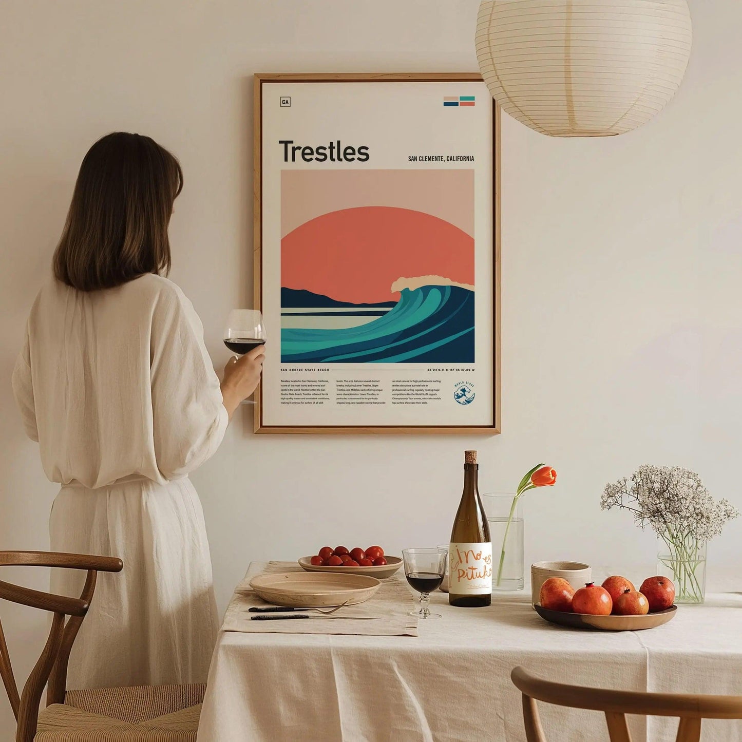 Trestles surf spot poster featuring minimalist wave and sunset design San Clemente California beach wall ar