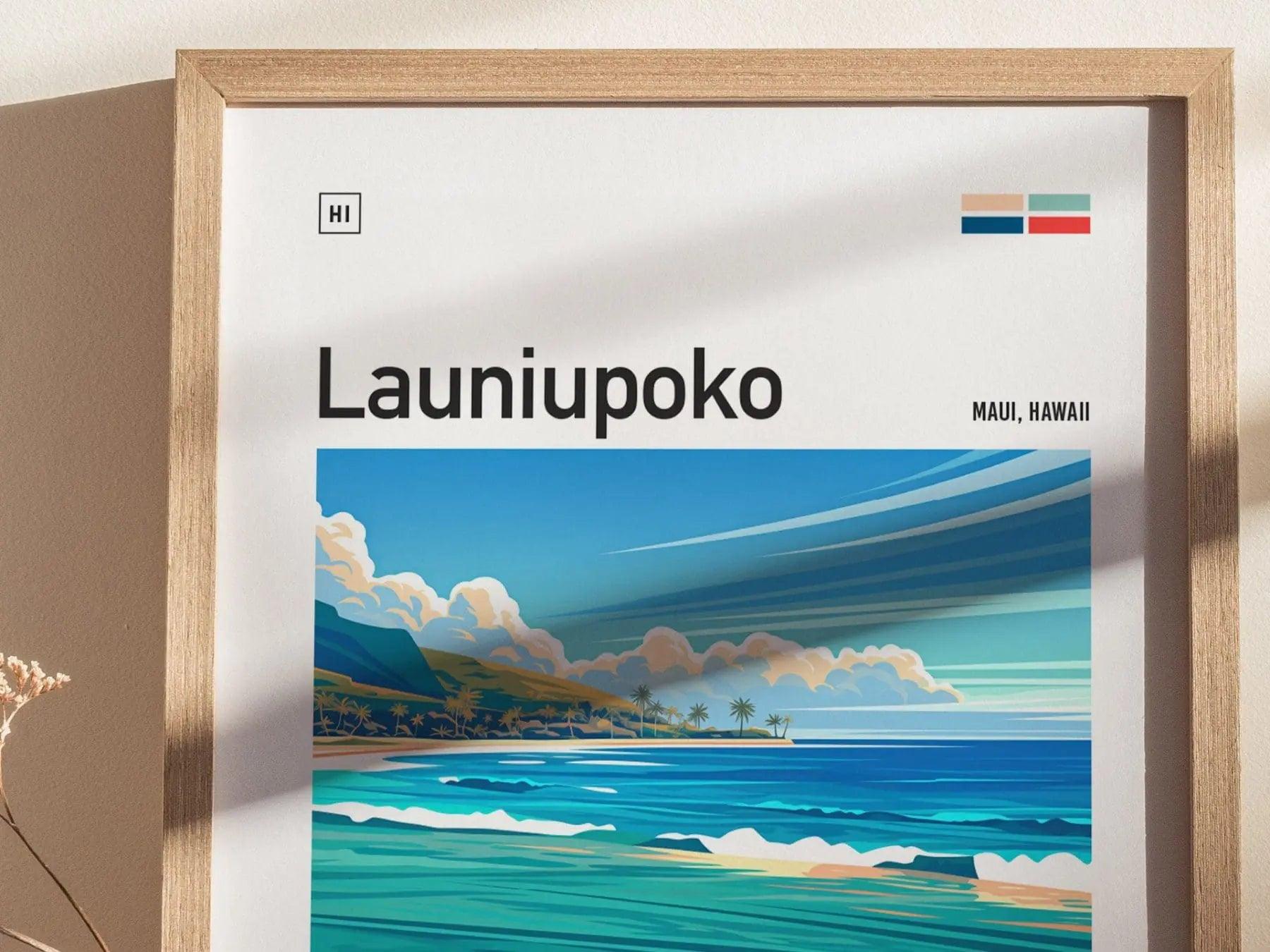 Launiupoko Framed Surf Poster, Lahaina Maui Beach Travel Print, Hawaii Surfer Home Decor, Longboard Surfing Wave Wall Art Design Gift Set - Swell Scenes