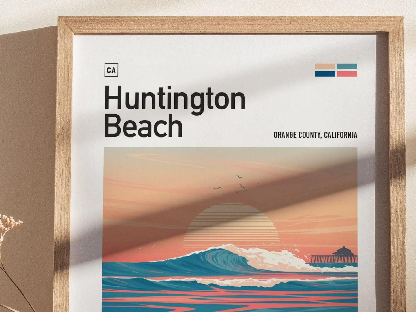 Huntington Beach Surf Spot Framed Poster, Surf City USA Surfer Wall Art, California Surf Travel Print, US Open Surfing Decor Socal Wave Gift - Swell Scenes