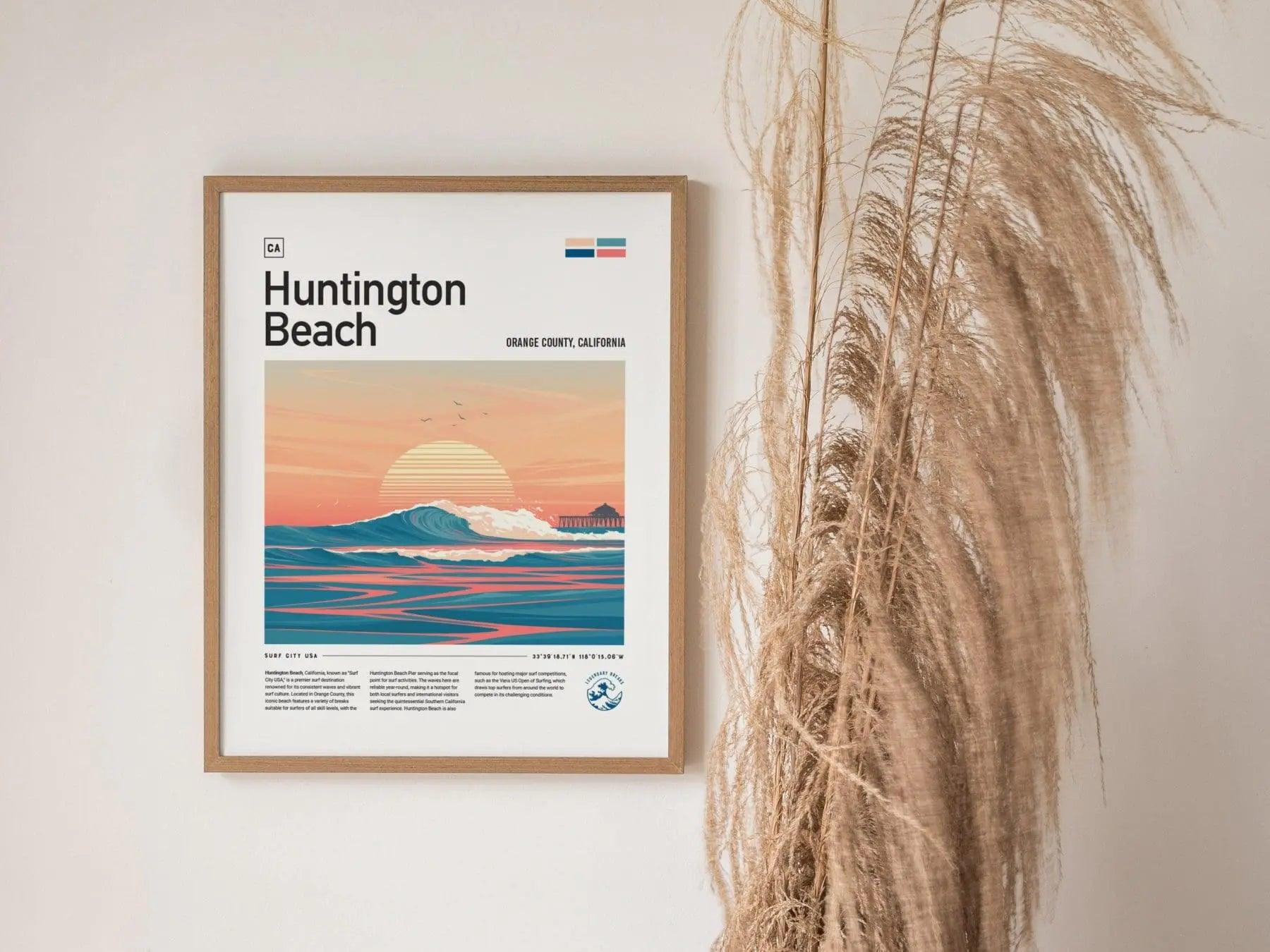 Huntington Beach Surf Spot Framed Poster, Surf City USA Surfer Wall Art, California Surf Travel Print, US Open Surfing Decor Socal Wave Gift - Swell Scenes
