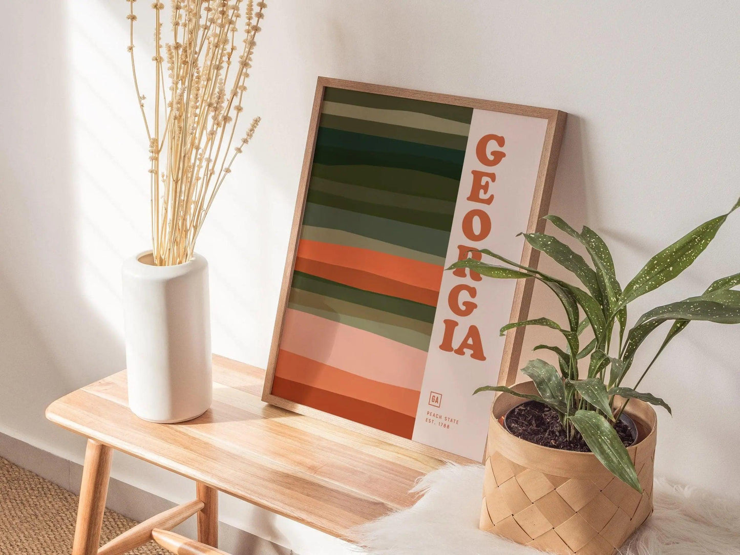 Georgia Minimalist Design Framed Wall Art, Peach State Minimal Abstract Modern Poster, GA USA Pride Decor Travel Print Typography Gift Set - Swell Scenes