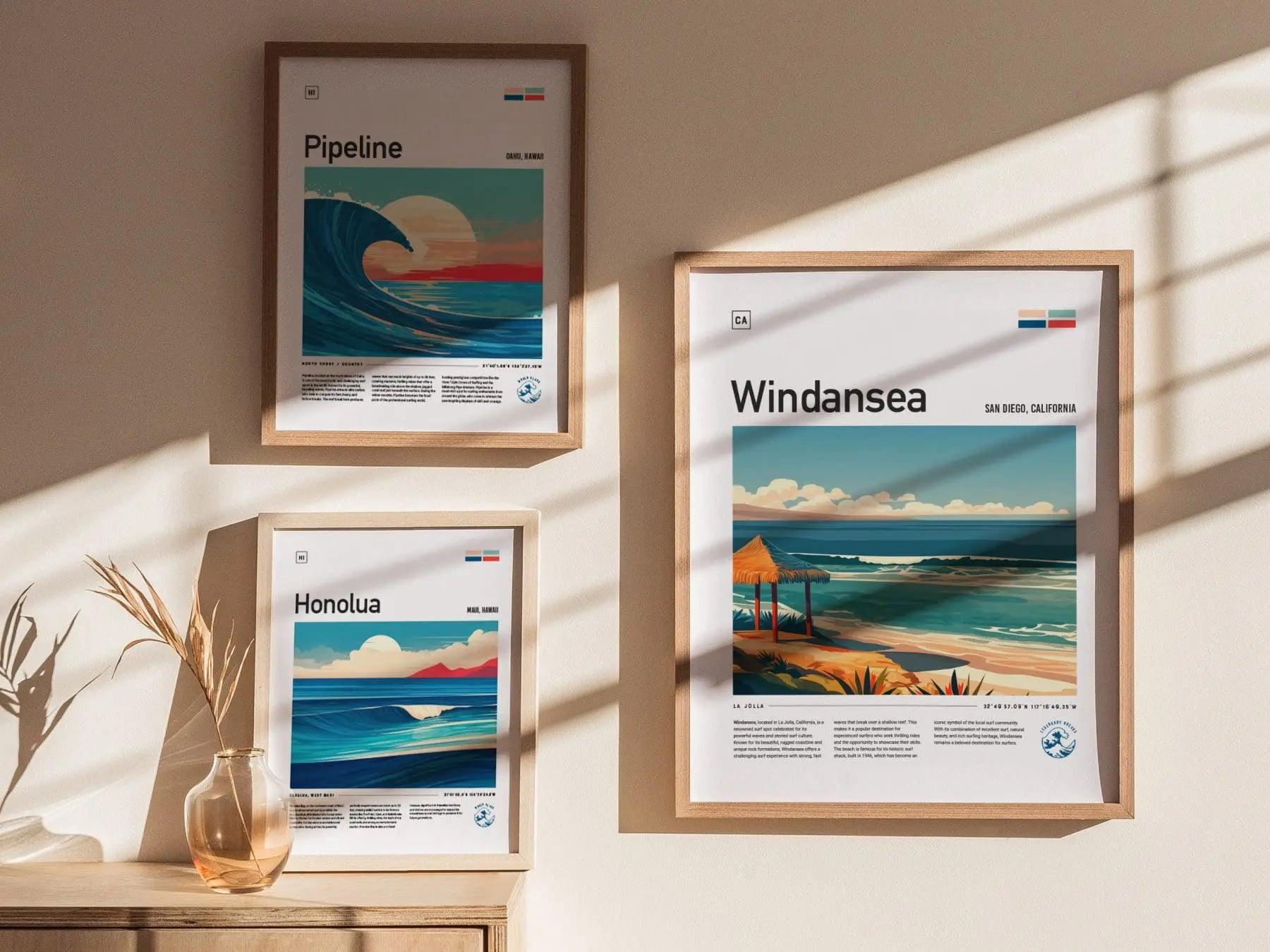 San Diego Windansea Beach wall art displayed in surf-themed room with vibrant wave and coastal scene