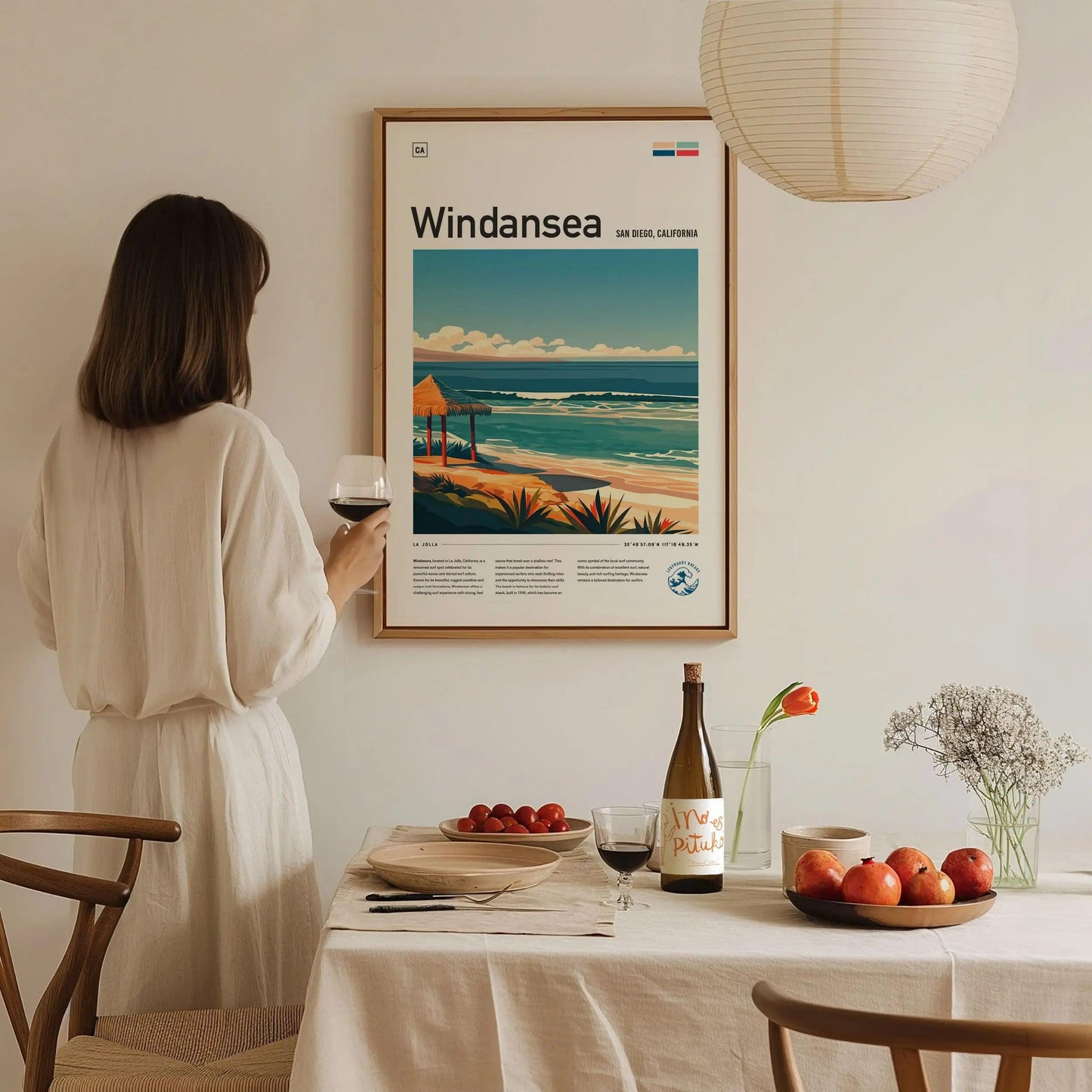 Windansea surf spot poster in black wood frame showing California wave break and La Jolla rocky shoreline