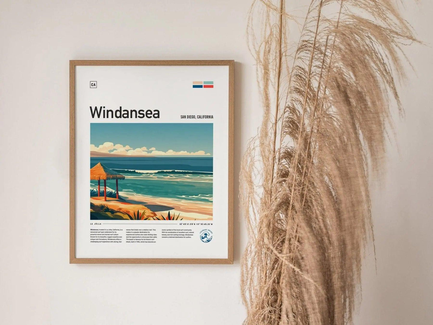 Windansea La Jolla poster in white frame featuring legendary California surf break and crashing waves