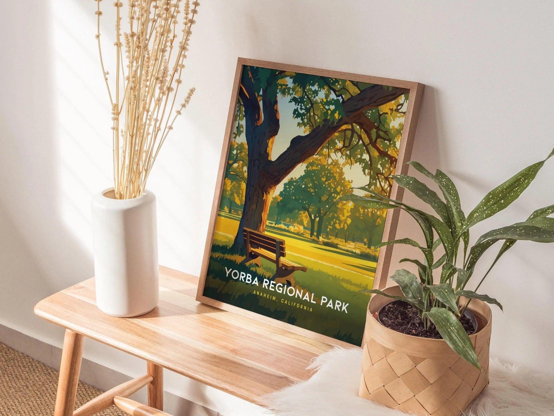 Nature landscape print of Yorba Regional Park trail with tree-lined path