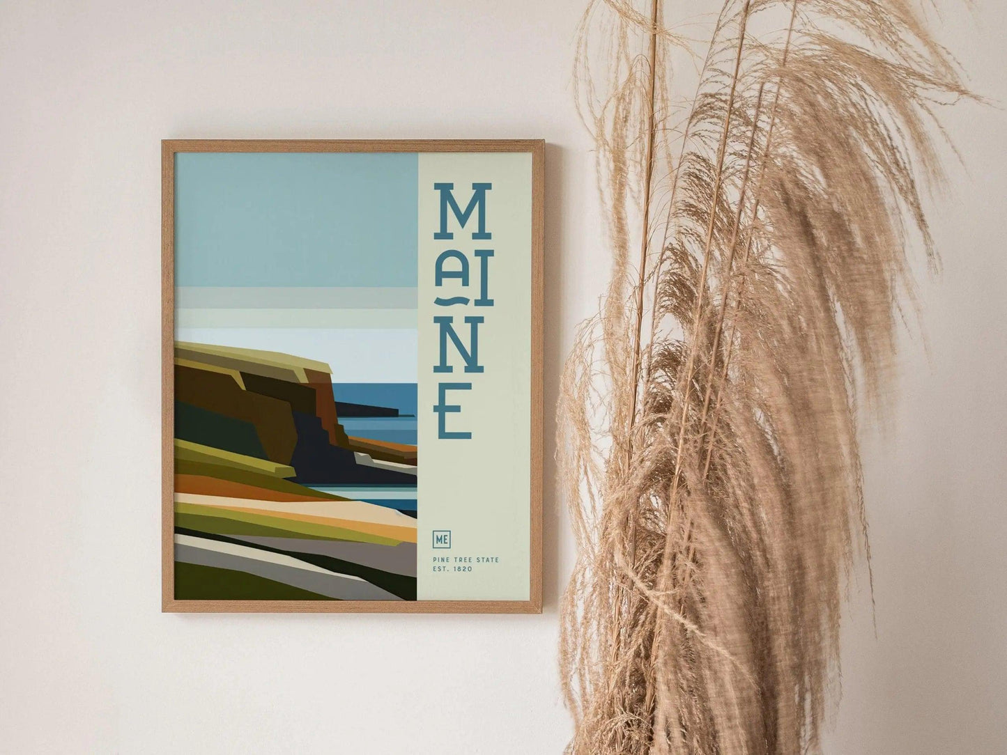 Maine Minimalist Design Framed Wall Art, Pine Tree State Minimal Abstract Modern Poster, ME Pride Decor US Travel Print Typography Gift Set - Swell Scenes