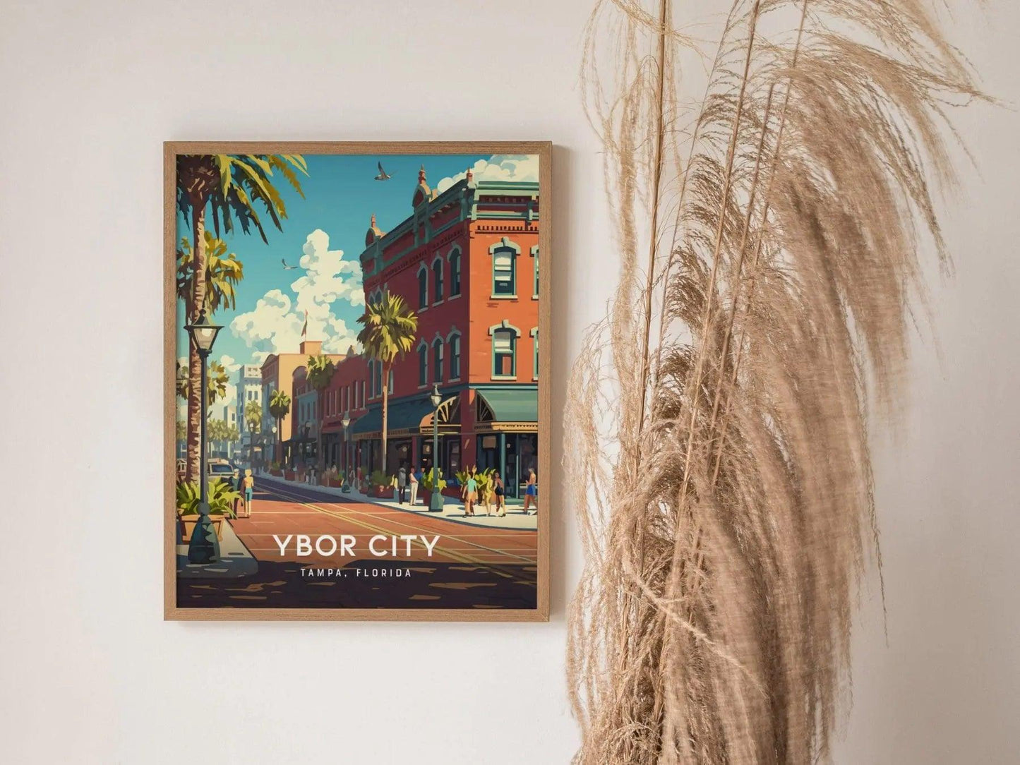 Natural wood framed Ybor City Tampa poster displaying Cuban heritage and cigar district scene