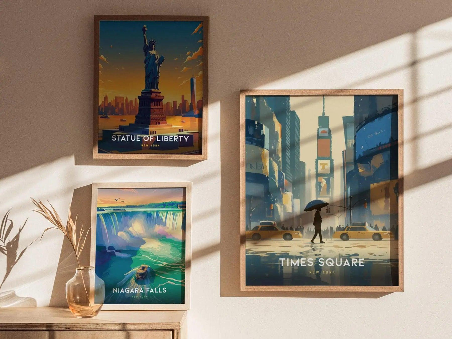 Times Square New York wall art displayed in urban apartment with retro NYC cityscape and Broadway decor