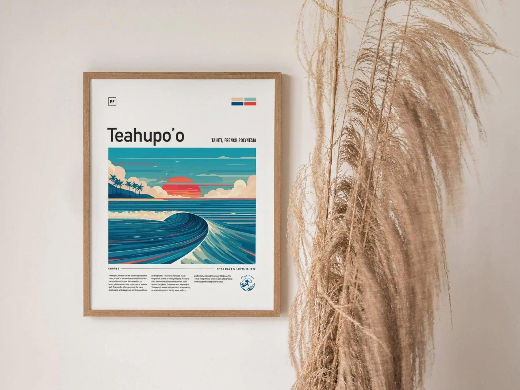 Framed poster of Teahupo'o with a wave design on a wall.
