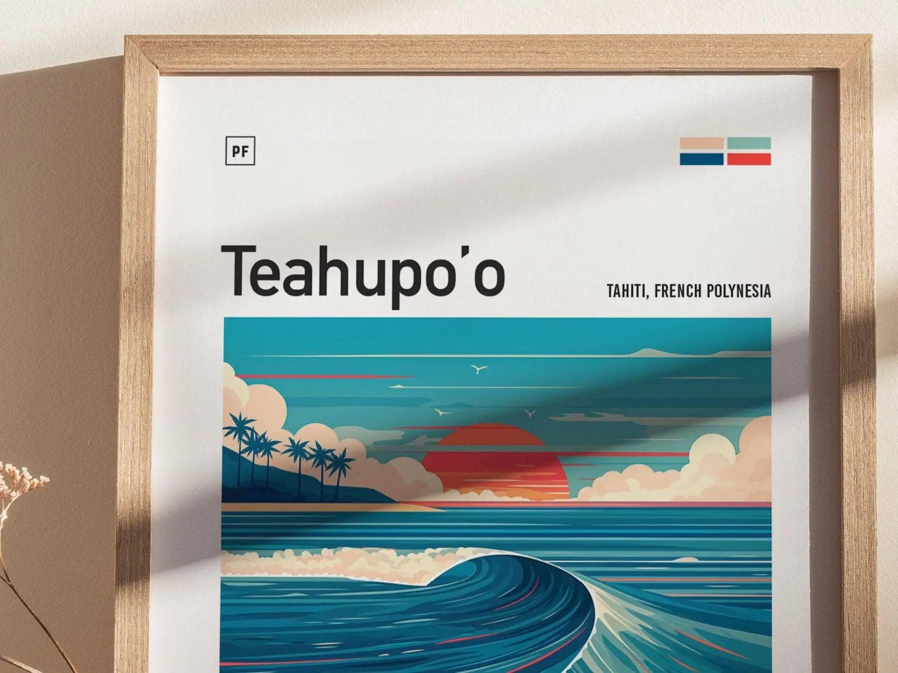 Teahupo'o wave wall art displayed in surf-themed room with Tahiti travel print and Polynesian beach house decor