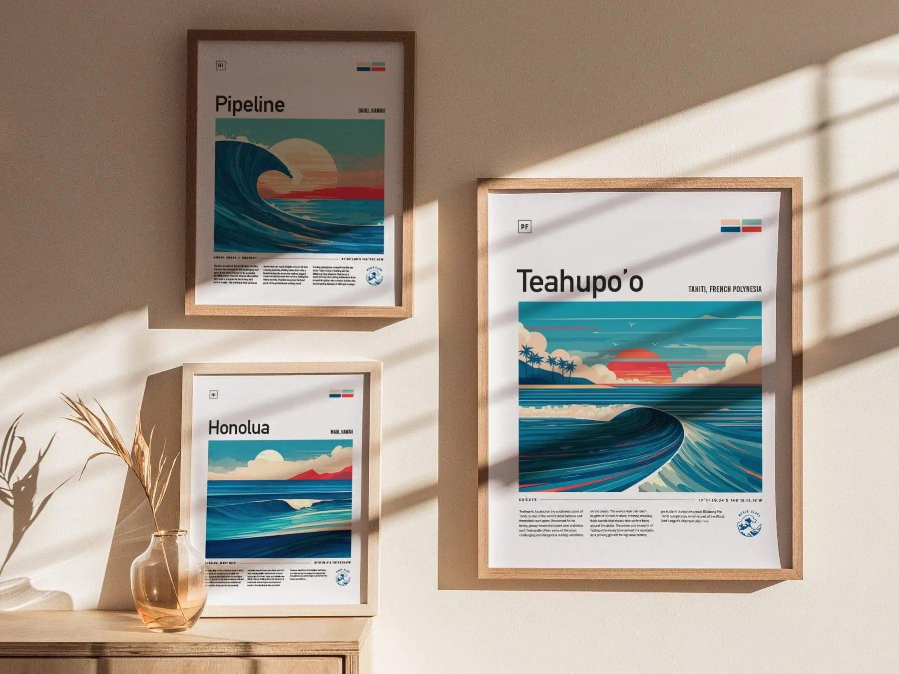 Teahupo'o wave wall art displayed in surf-themed room with Tahiti travel print and Polynesian beach house decor