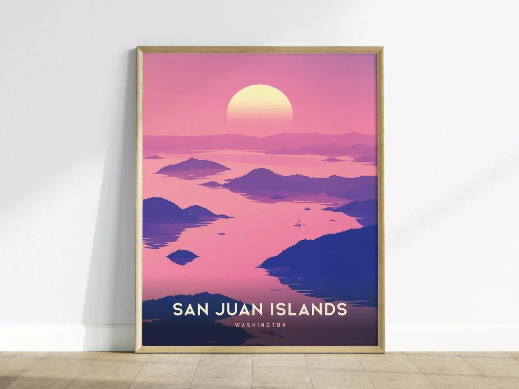San Juan Islands Washington poster featuring serene Salish Sea with forested islands Pacific Northwest wall art