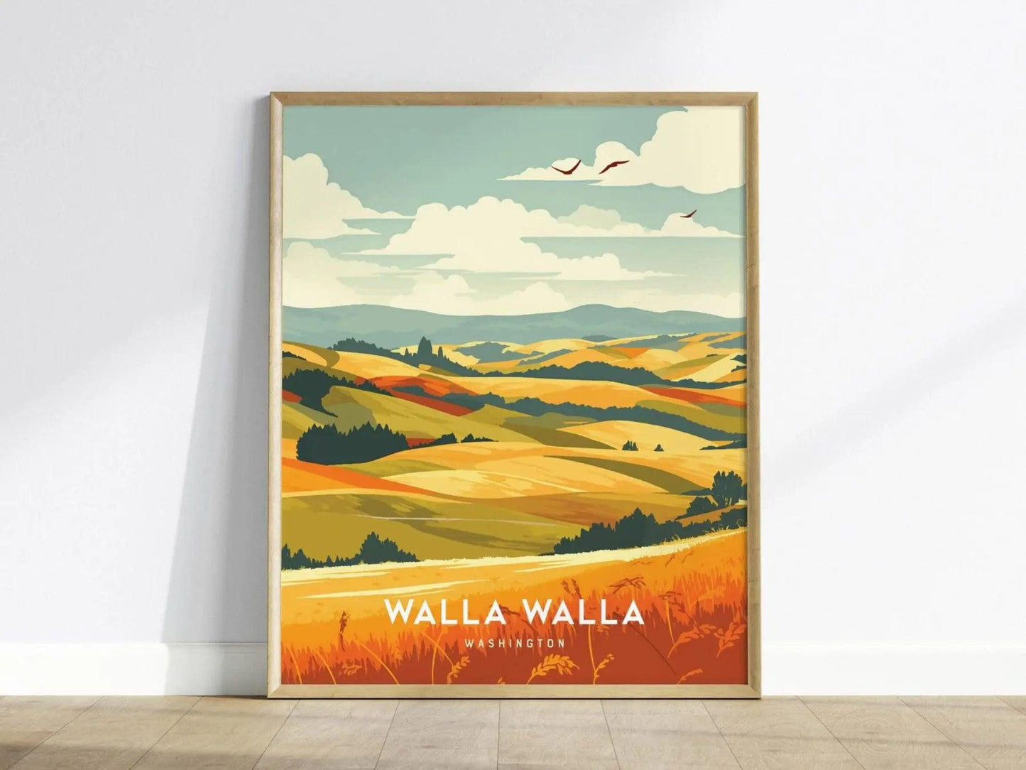 Walla Walla Washington wineries poster featuring rolling vineyard hills at golden hour with rows of grapevines and wine country landscape