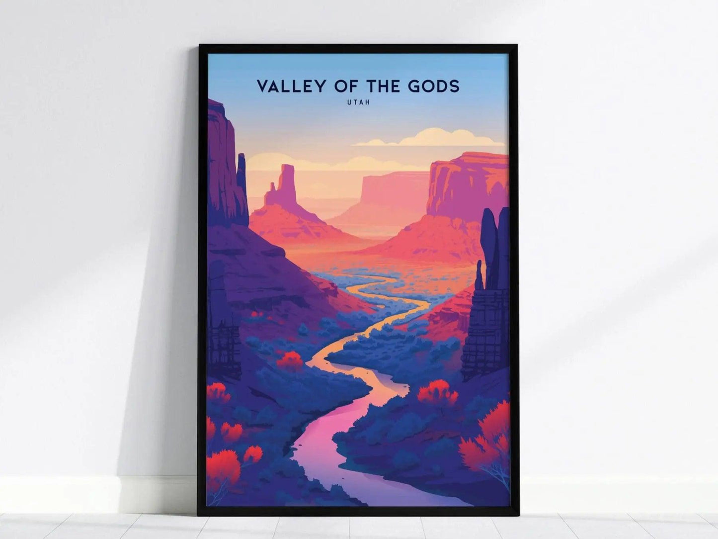 Valley of the Gods poster in black wood frame showing Utah red rock buttes and southeastern desert landscape