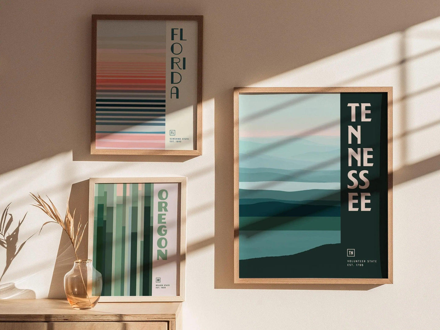 Tennessee Minimalist Design Framed Wall Art, US State Minimal Abstract Modern Poster, Smoky Mountains Home Decor TN Travel Print Typography - Swell Scenes