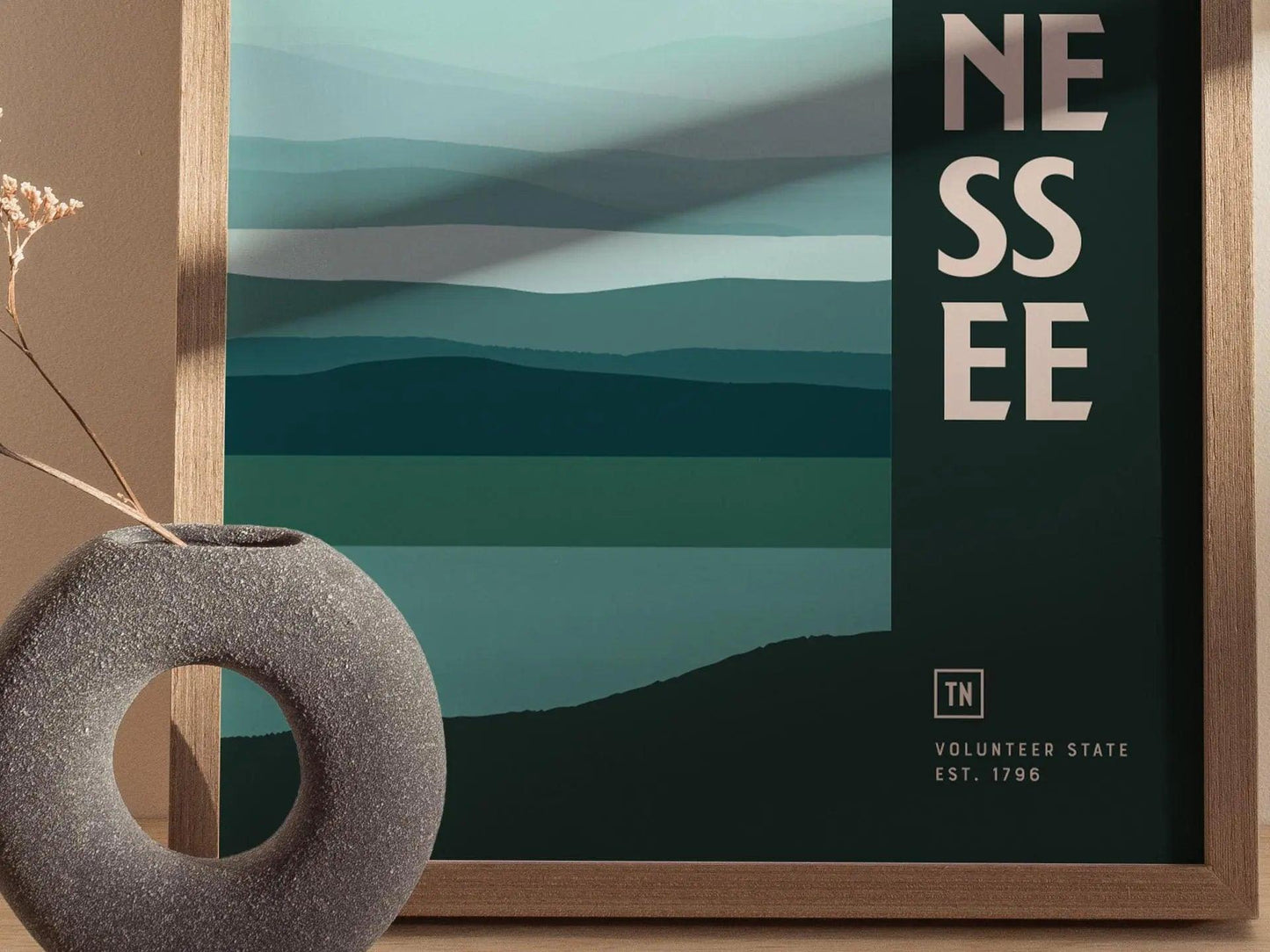 Tennessee Minimalist Design Framed Wall Art, US State Minimal Abstract Modern Poster, Smoky Mountains Home Decor TN Travel Print Typography - Swell Scenes