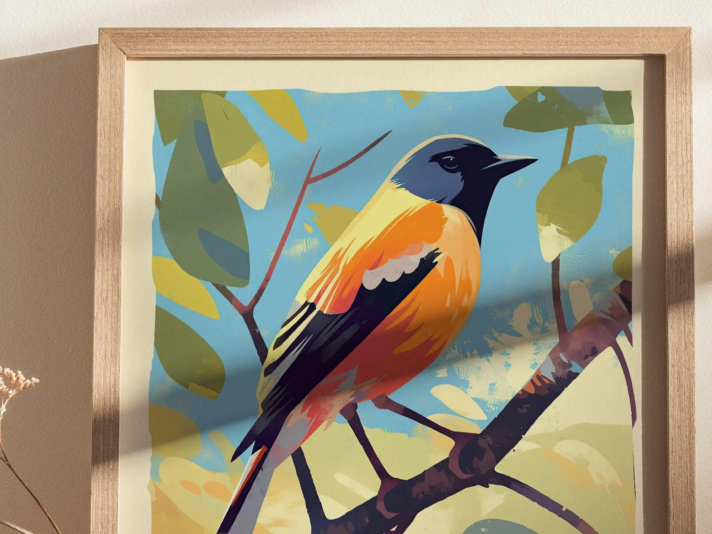 Baltimore Oriole Songbird Modern Framed Wall Art, Cottagecore Minimal Nature Wildlife Poster, Audubon Farm Decor Travel Print Birder Gift - Swell Scenes