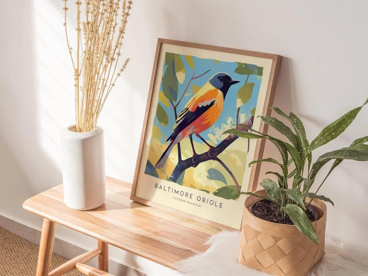 Baltimore Oriole Songbird Modern Framed Wall Art, Cottagecore Minimal Nature Wildlife Poster, Audubon Farm Decor Travel Print Birder Gift - Swell Scenes