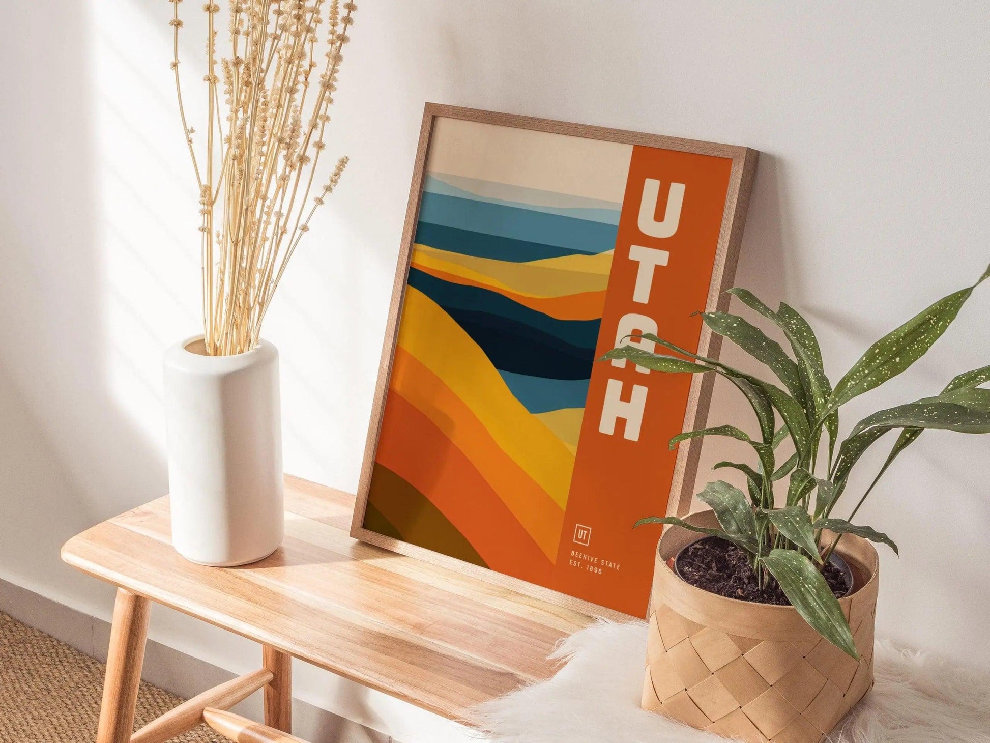 Natural wood framed Utah poster showing contemporary abstract Beehive State desert landscape and canyon artwork