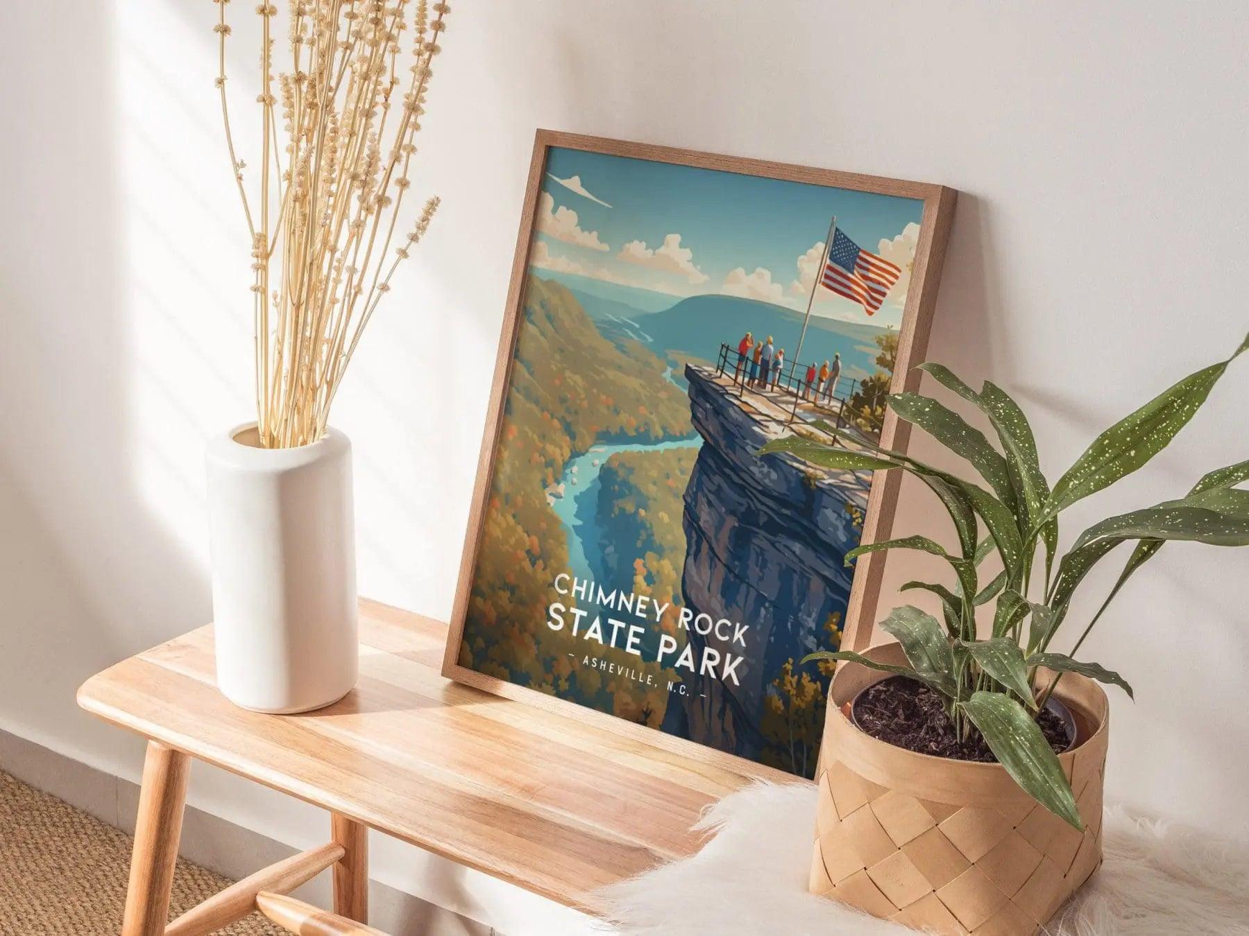 Chimney Rock State Park, Asheville, North Carolina, Framed Wall Art, NC Travel Poster Print Blue Ridge Vacation Cabin Decor Artwork Gift Set - Swell Scenes