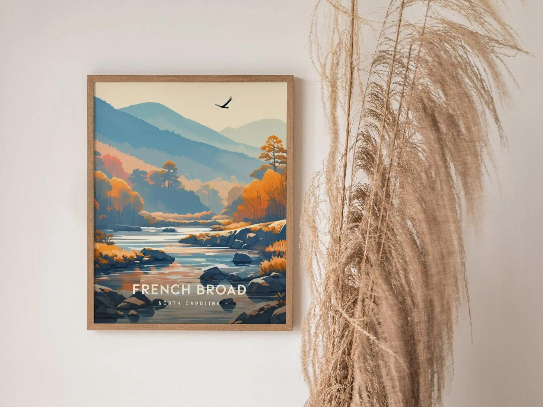 French Broad River, North Carolina, Tennessee, Framed Wall Art, NC TN Travel Poster Print Blue Ridge Vacation Cabin Decor Artwork Gift Set - Swell Scenes